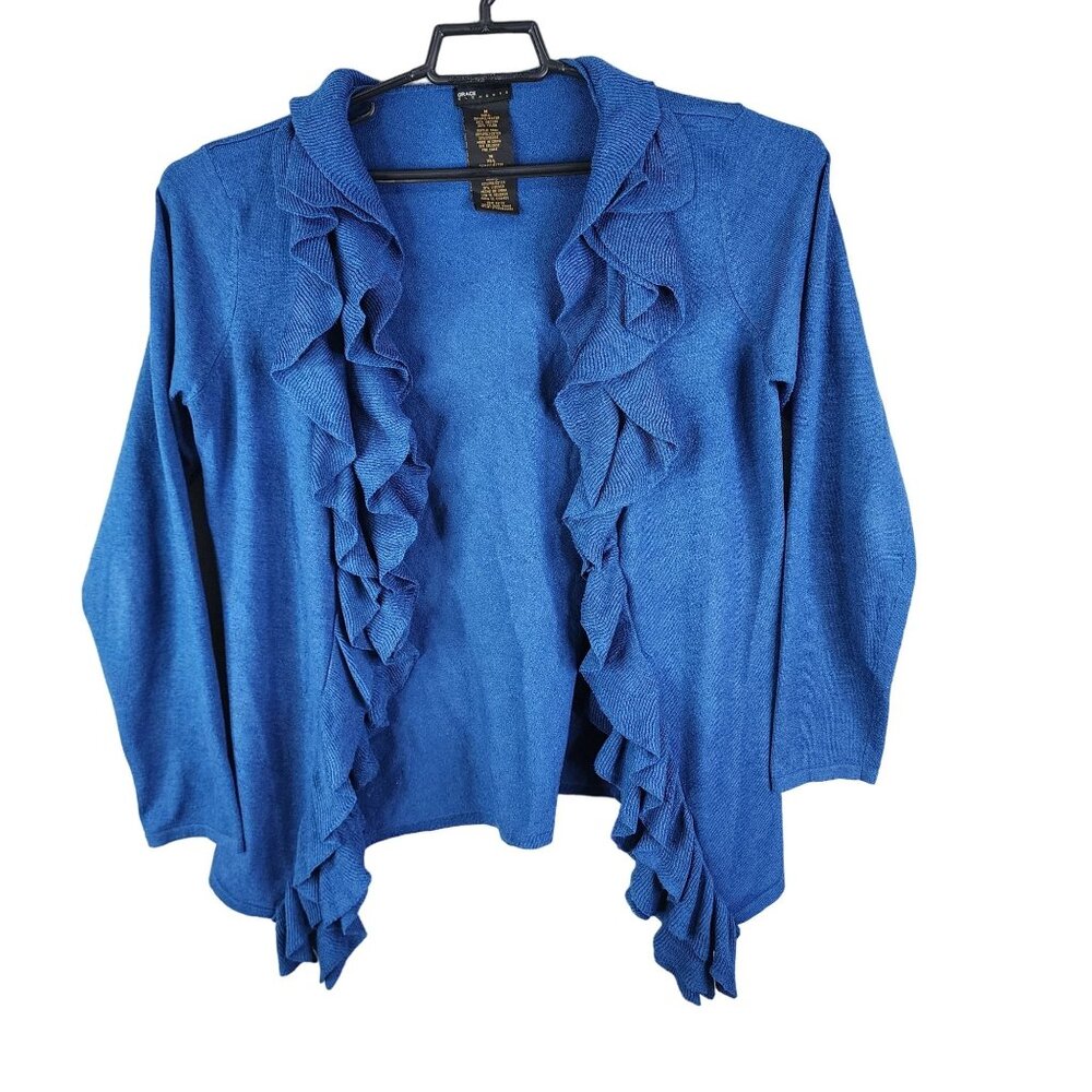 Womens Blue Grace Elements Ruffle Trim Cardigan Sweater Open Front Long Sleeve M